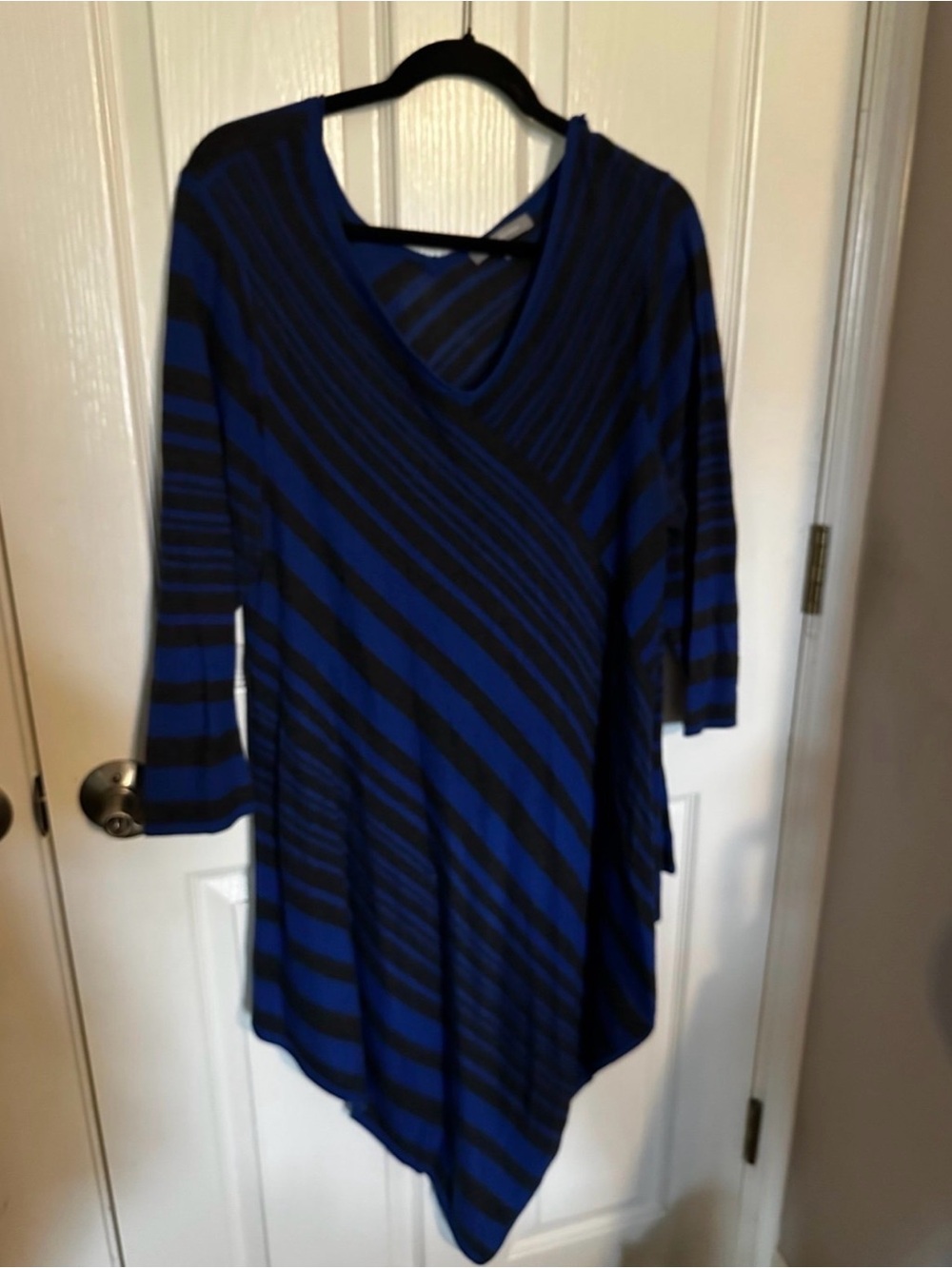 NY Collection Royal Blue Black Diagonal Stripe Asymmetrical Dress Large